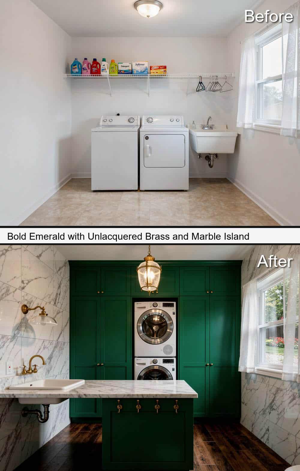 Bold Emerald with Unlacquered Brass and Marble Island