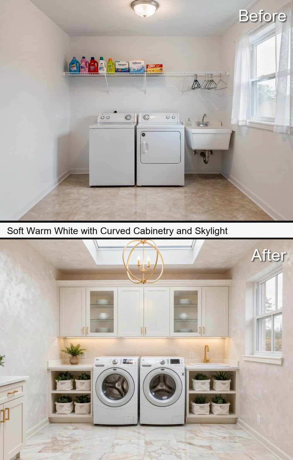 Soft Warm White with Curved Cabinetry and Skylight