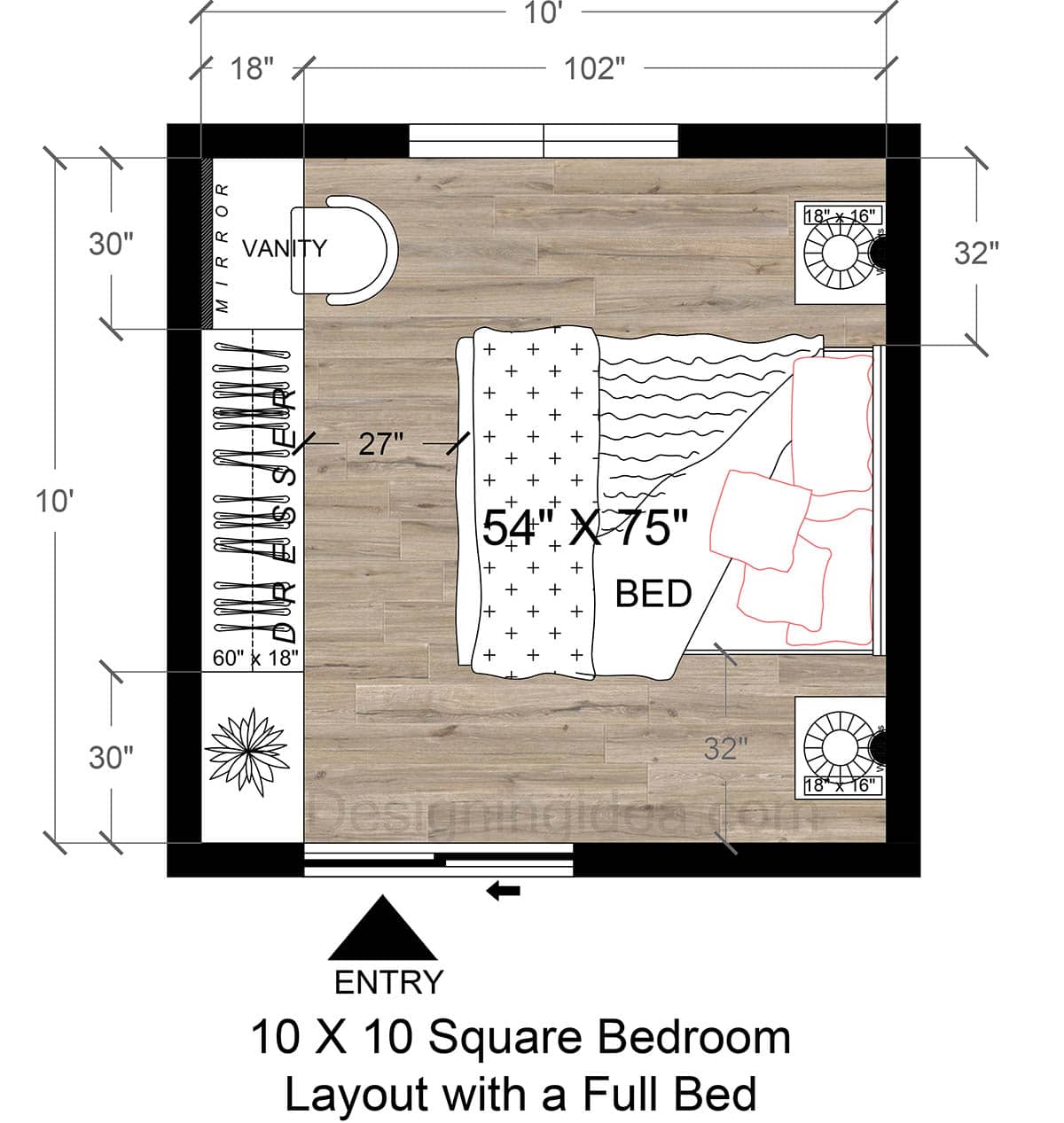 10x10 Square Bedroom Layout With a Full Bed