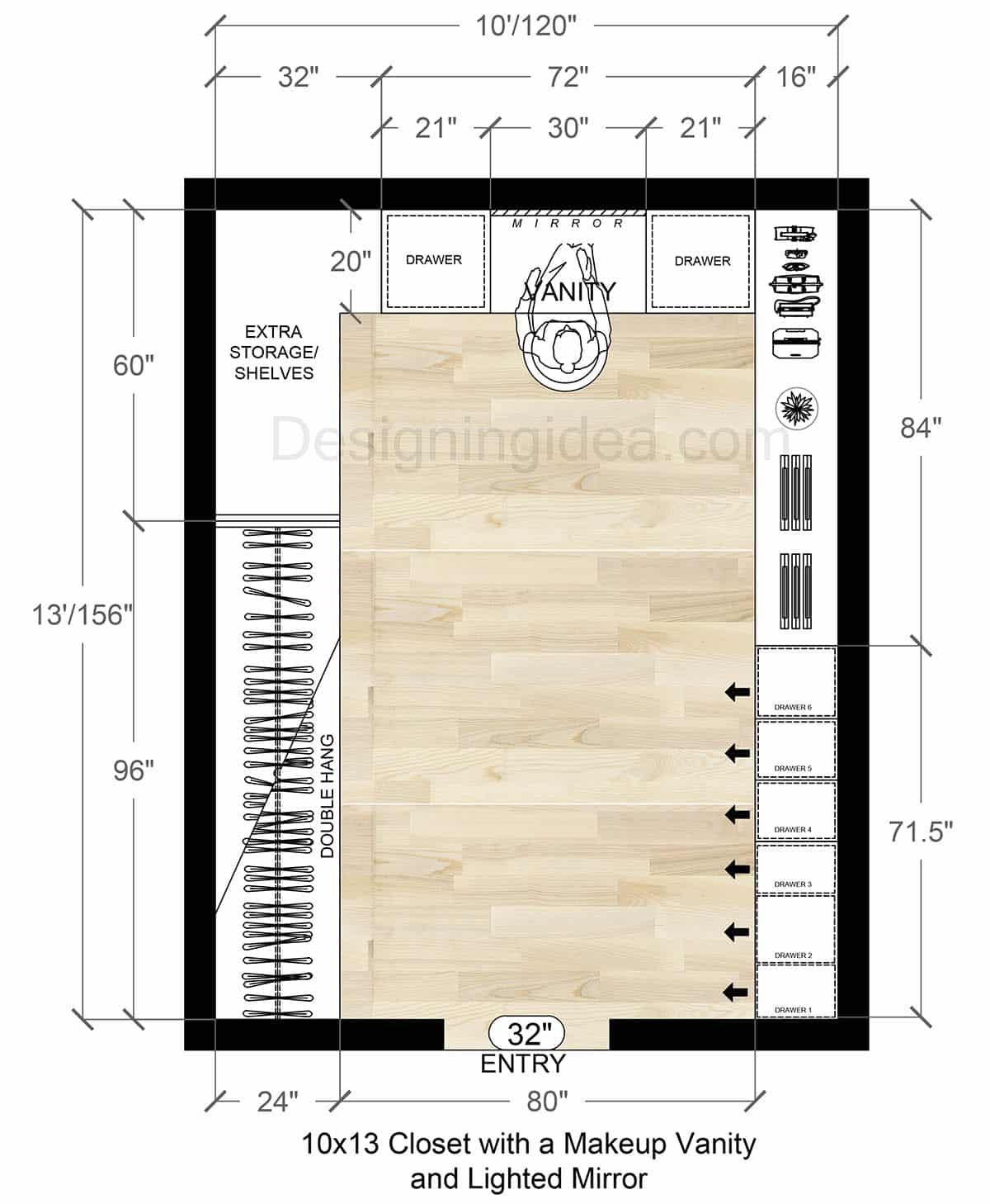 10x13 Walk-in Closet With a Makeup Vanity and Lighted Mirror Floor Plan