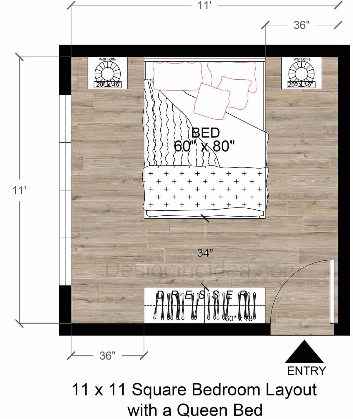 11x11 Bedroom Floor Plan With a Queen Bed