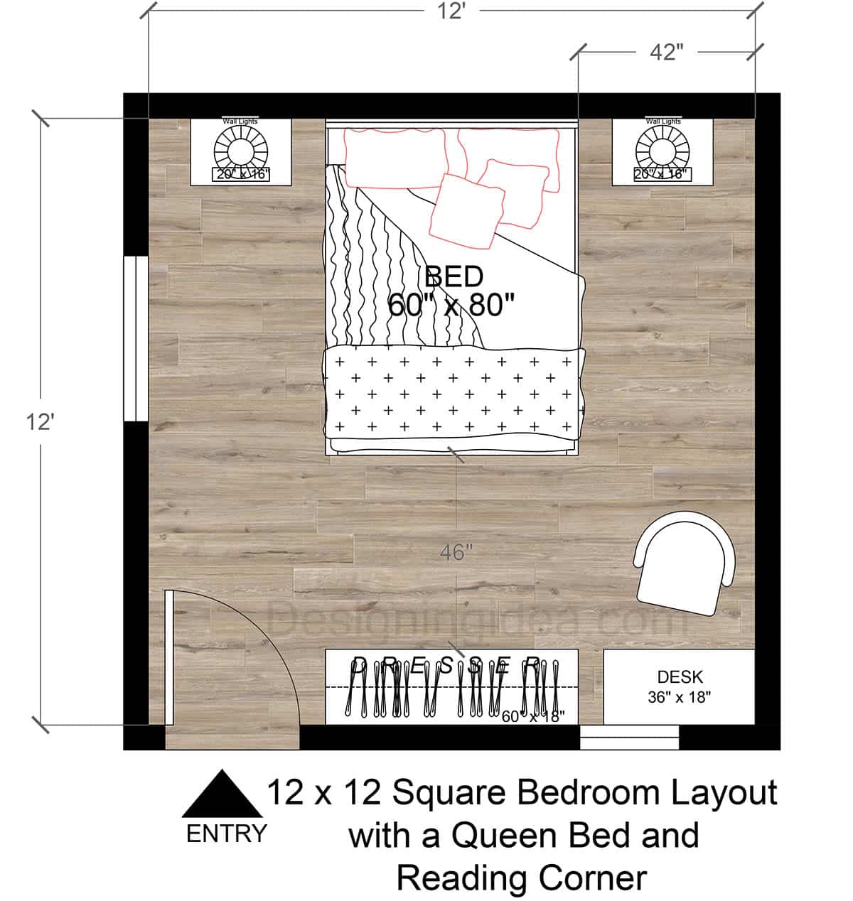 12x12 Bedroom Floor Plan With a Queen Bed and Reading Corner