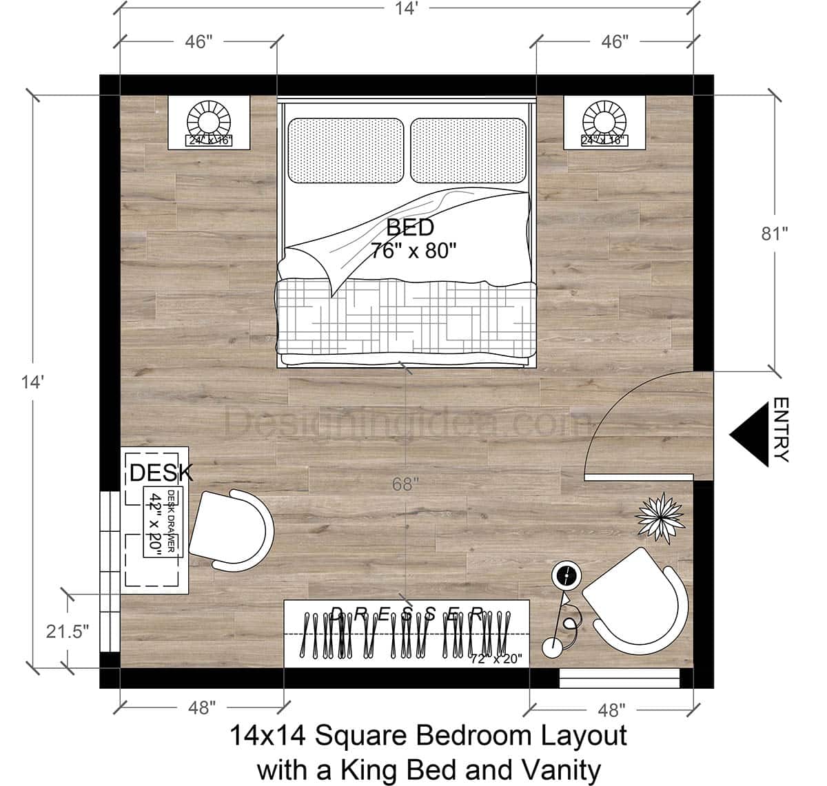 14x14 Bedroom Design With a King Bed and Vanity