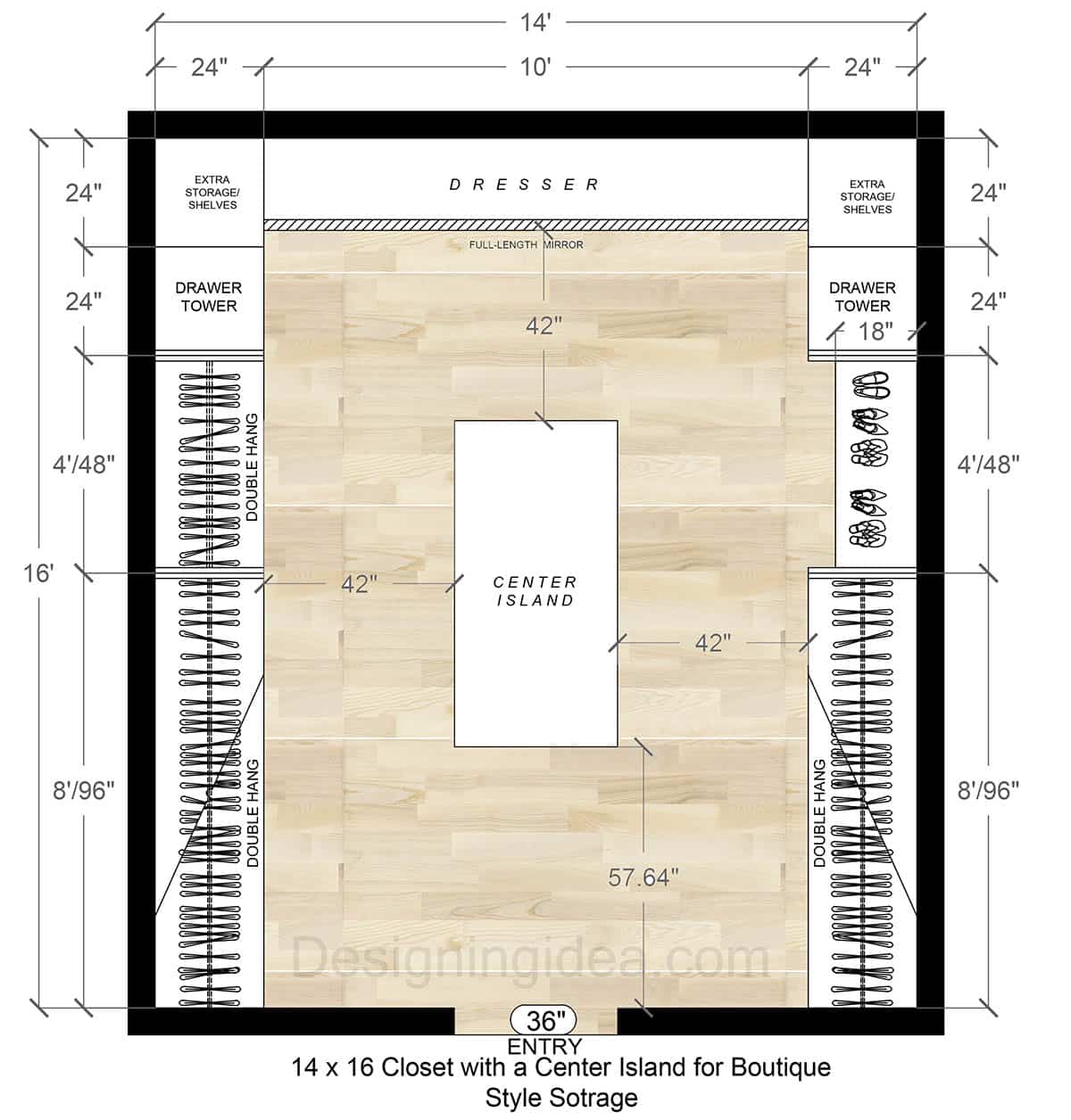 14x16 Primary Closet With a Center Island Layout for Boutique-Style Storage
