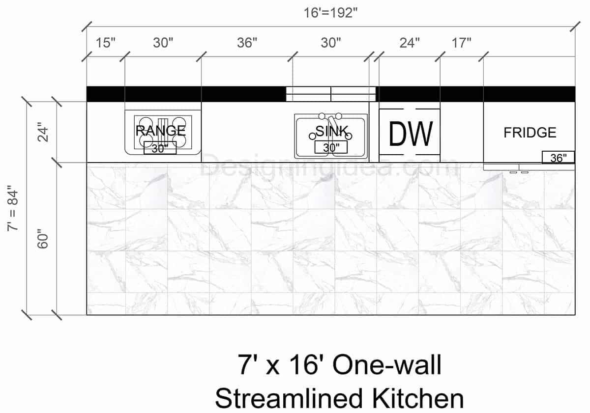 7×16 One-Wall Streamlined Kitchen Layout
