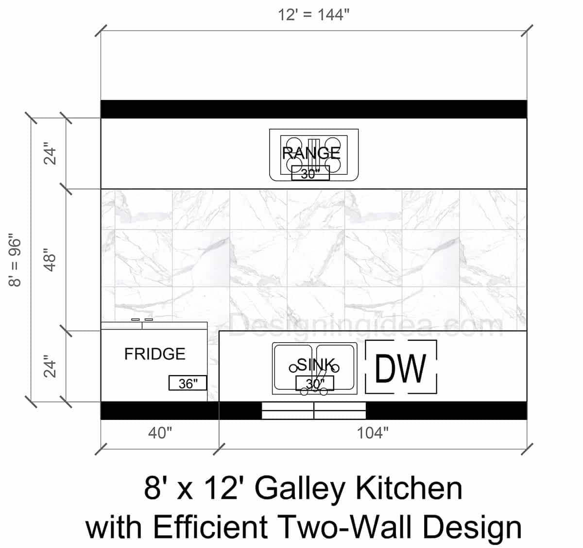 8×12 Galley Kitchen with Efficient Two-Wall Floor Plan