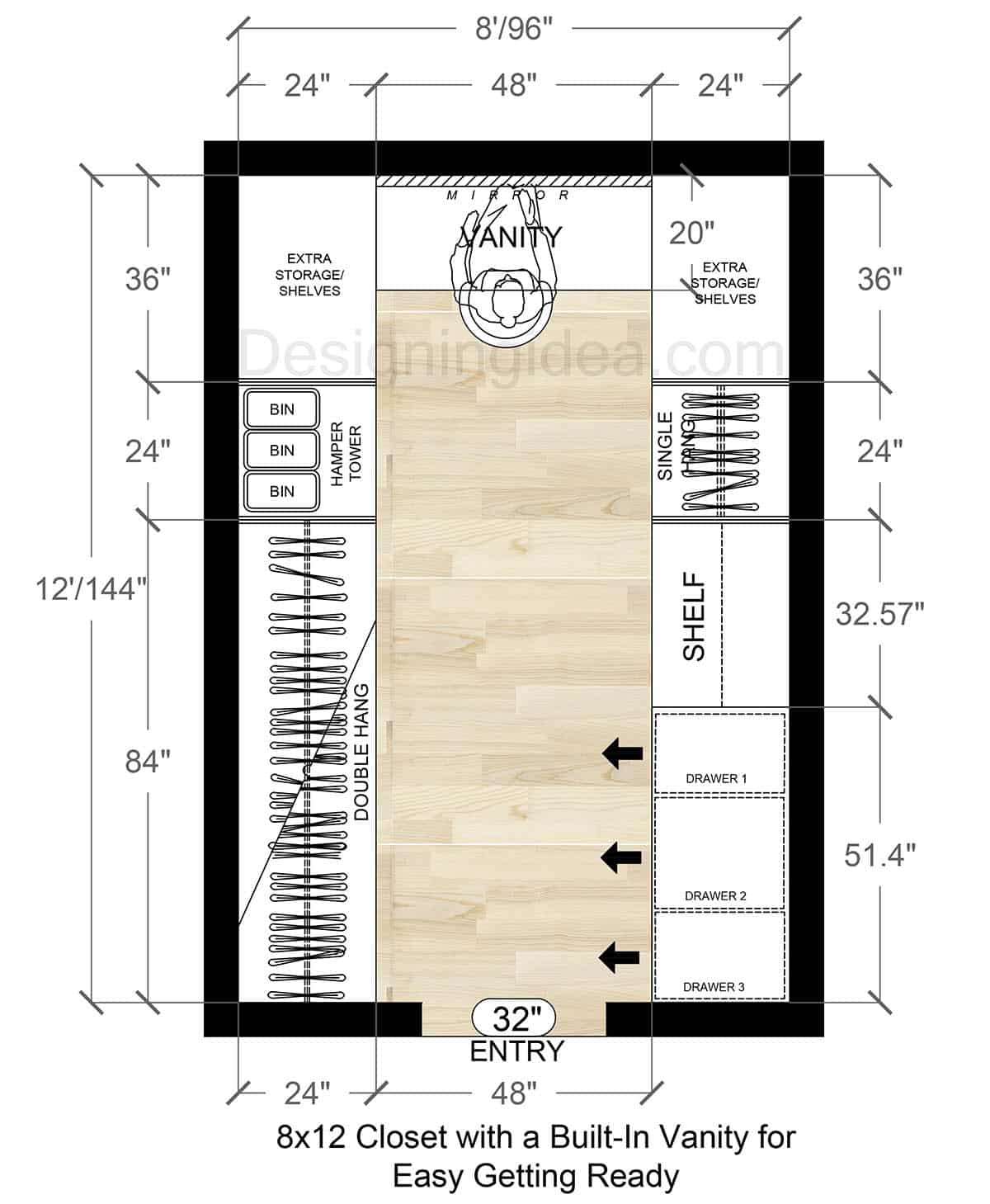 8x12 Primary Closet With a Built-In Vanity Floor Plan