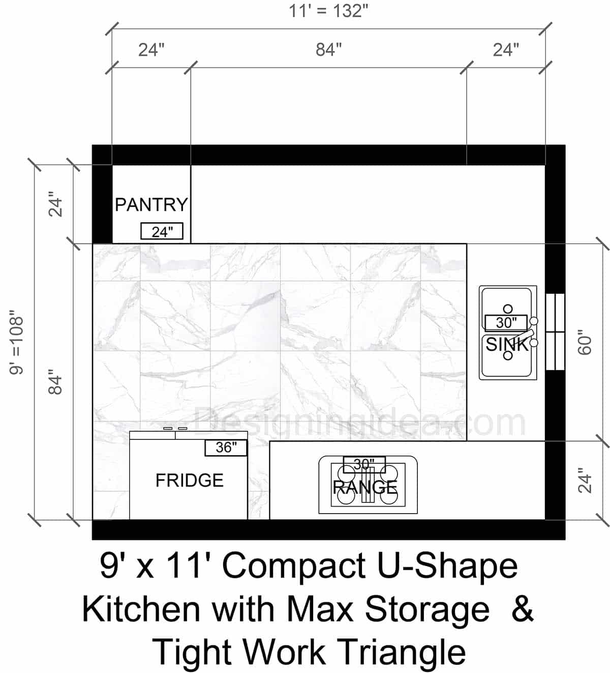 9×11 Compact U-Shape Kitchen With Max Storage & Tight Work Triangle Design