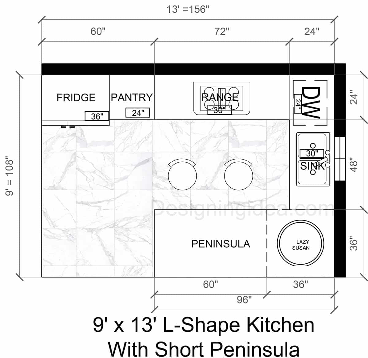 9×13 L-Shape Kitchen With Short Peninsula Floor Plan