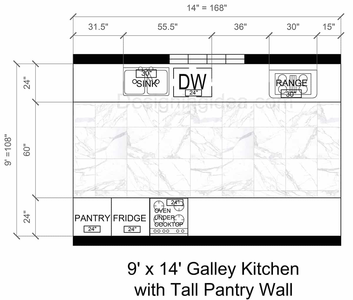 9×14 Galley Kitchen With Tall Pantry Wall Layout
