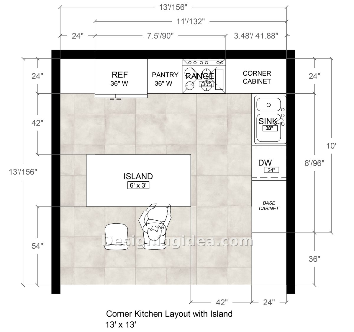 13x13 L-shaped kitchen with corner floor plan and island