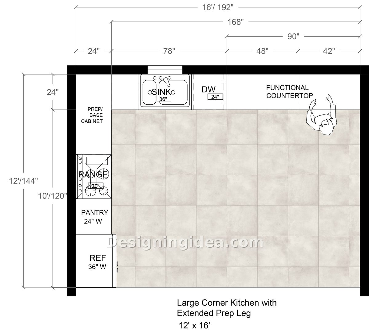 12x16 kitchen with large extended prep leg