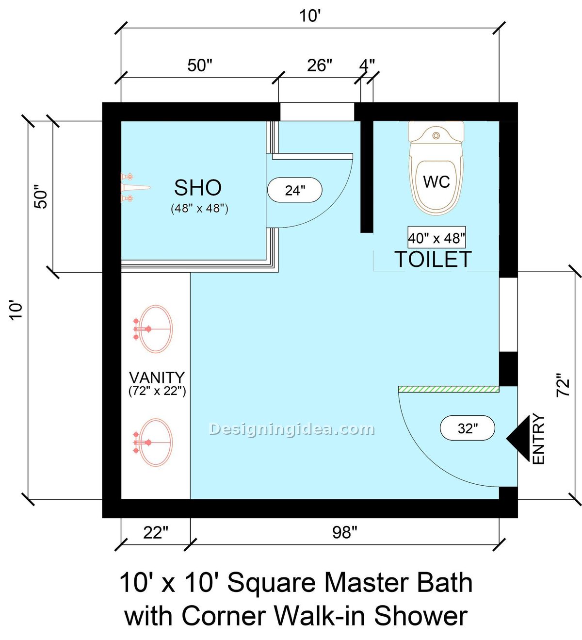 10x10 Square Primary Bath with Corner Shower Layout