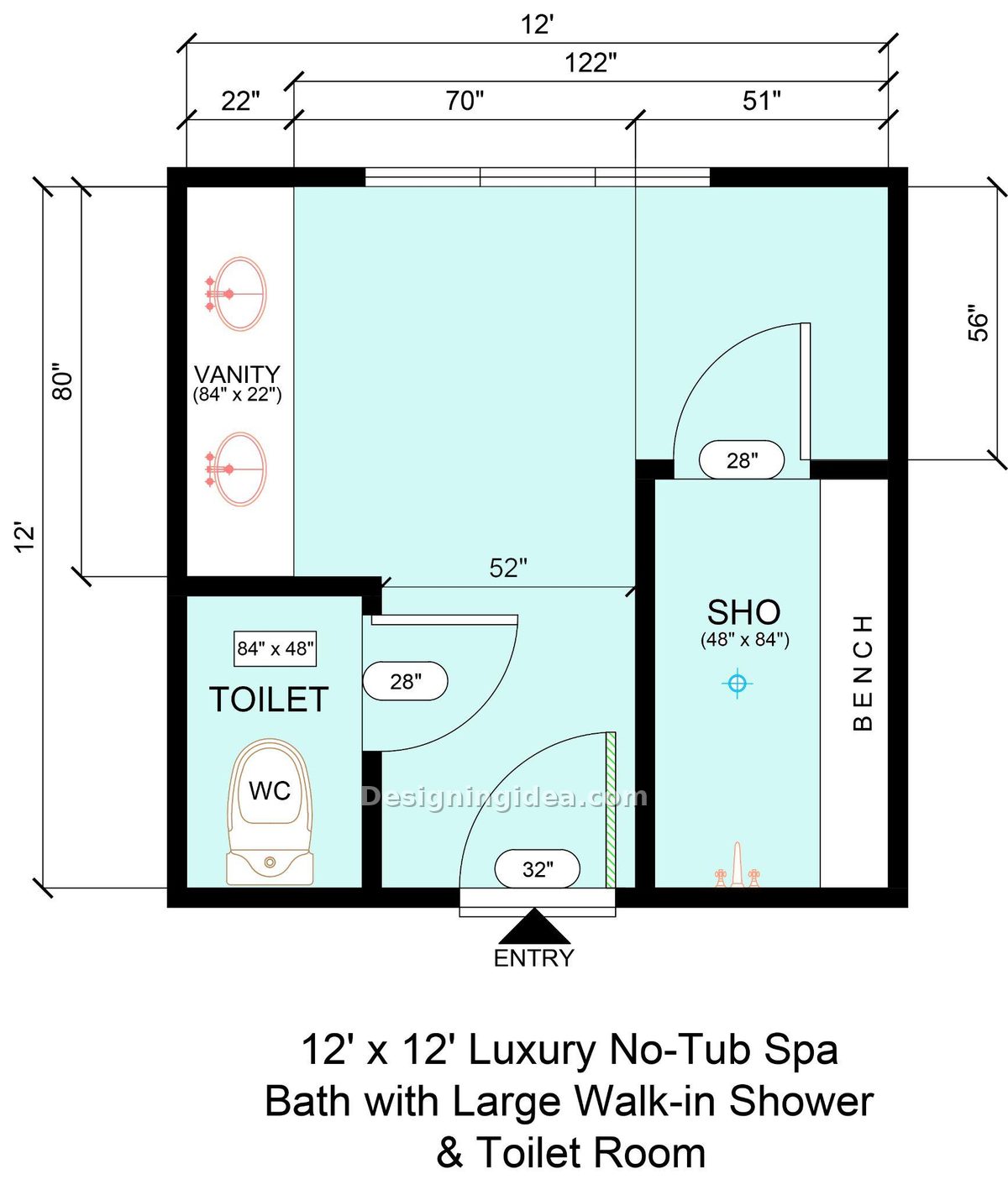 12x12 Luxury No-Tub Spa Bathroom with Large Shower & Toilet Room