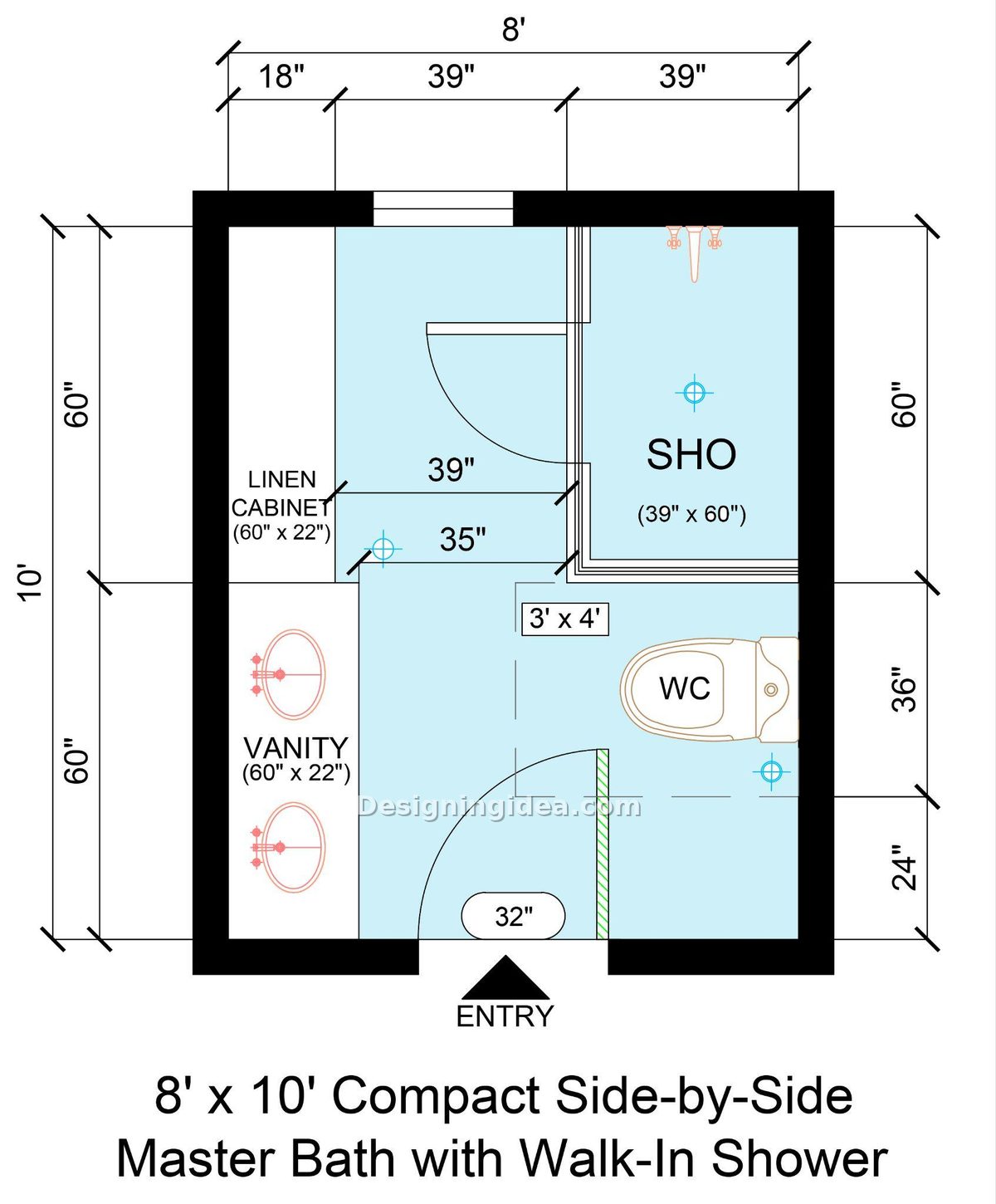 8x10 Compact Side-by-Side Master Bath with Walk-In Shower
