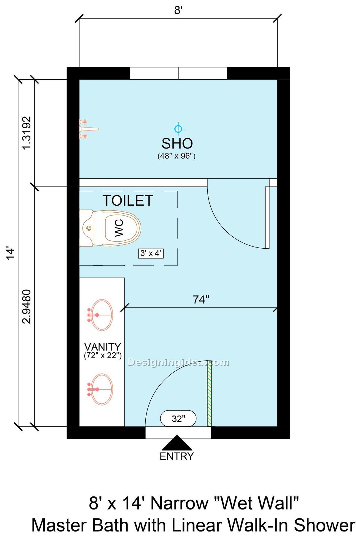 8x14 Narrow Wet Wall Primary Bathroom with Linear Shower Layout