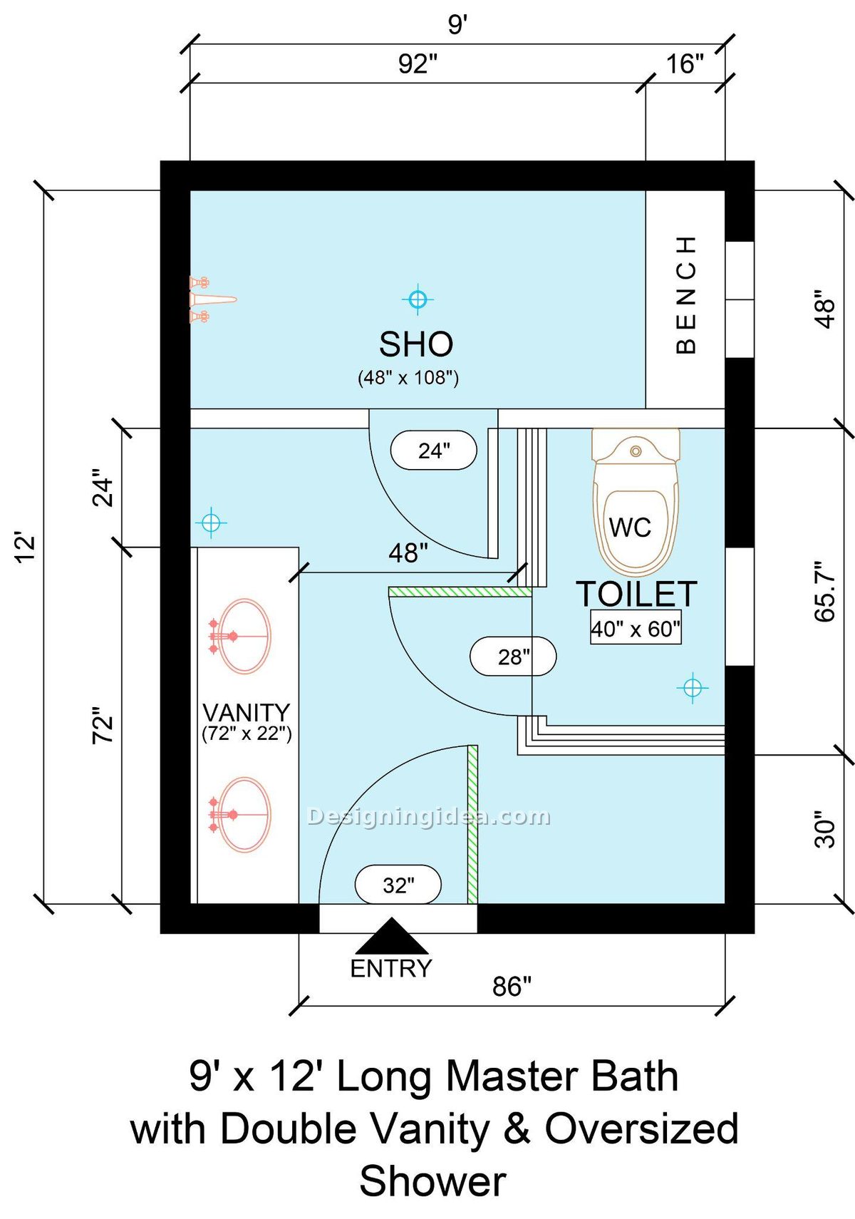 9x12 Long Master Bathroom with Double Vanity & Oversized Shower
