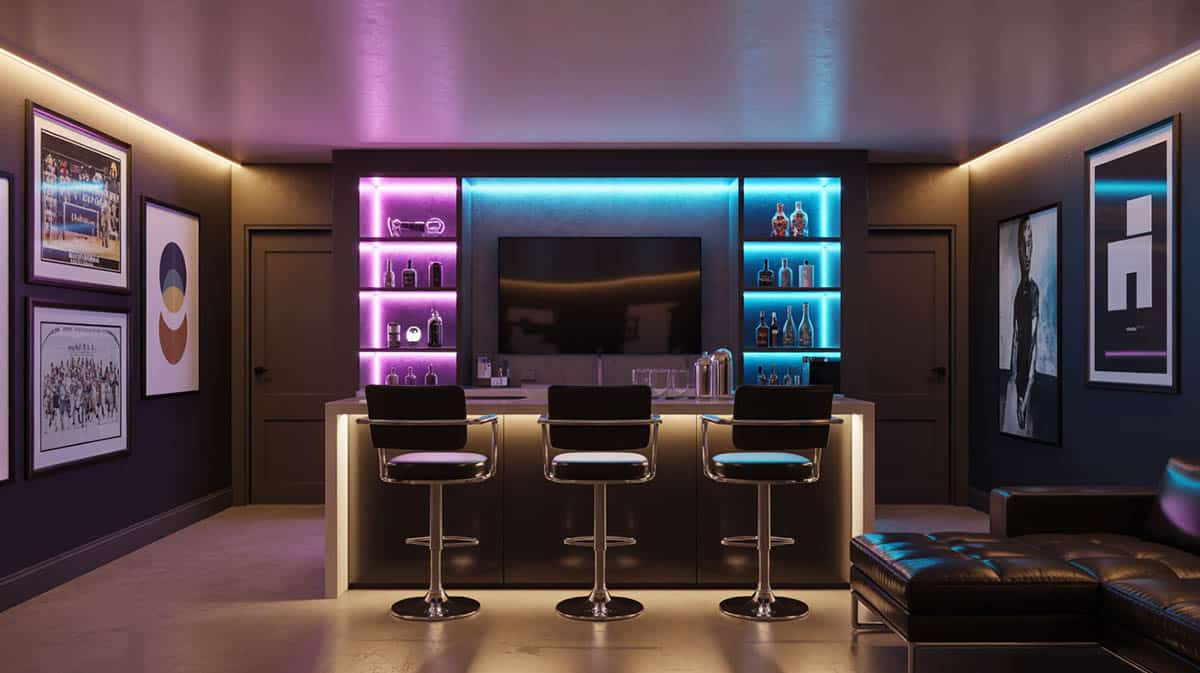 Modern home bar with tv and glowing display shelves
