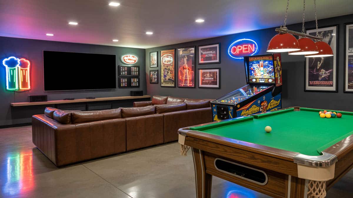 Stylish basement game room with couch, billiards, and concrete floors