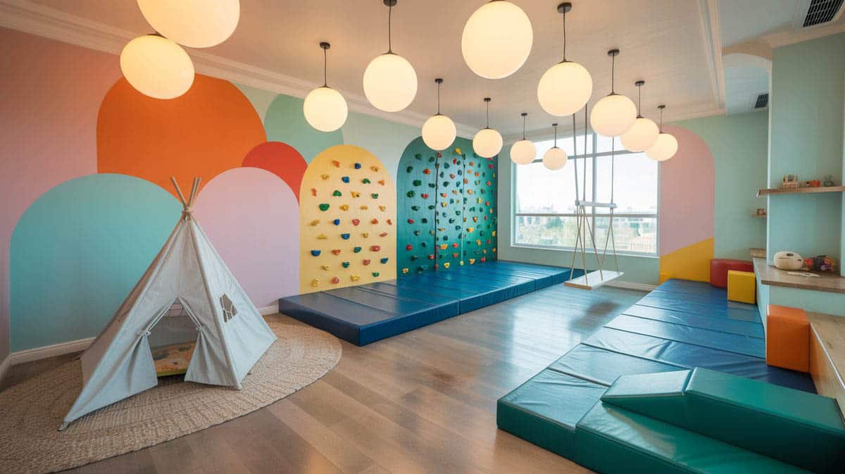 Colorful painted playroom with climbing wall