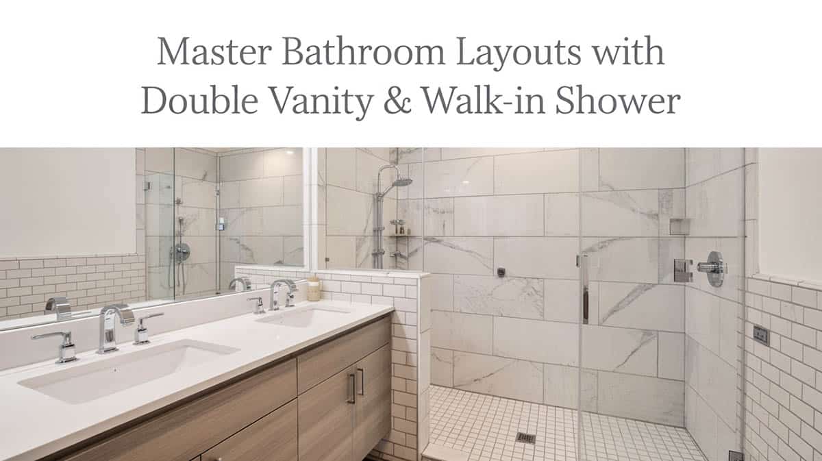 Modern bathroom with double sink vanity and expansive shower