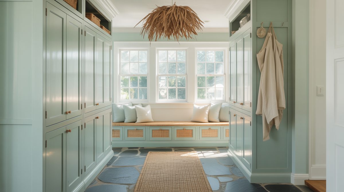 Coastal mudroom with window seat and cushions