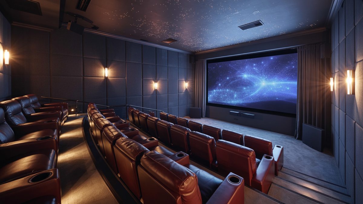 Amazing home theater with leather seating and star glow ceiling