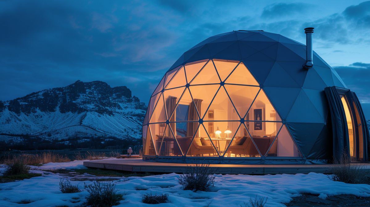 Geodesic dome house in snowy area