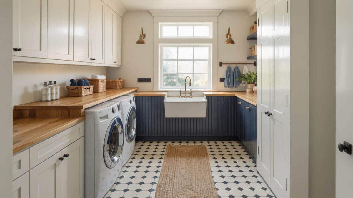 Laundry room with blue painted beadboard and utility sink