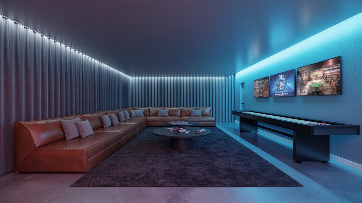 Modern game room with long leather sectional, wall-mounted TVs