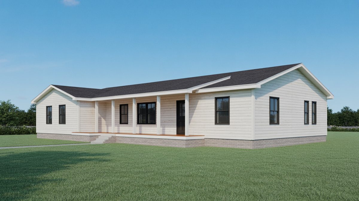 Modular home with large lawn and covered porch