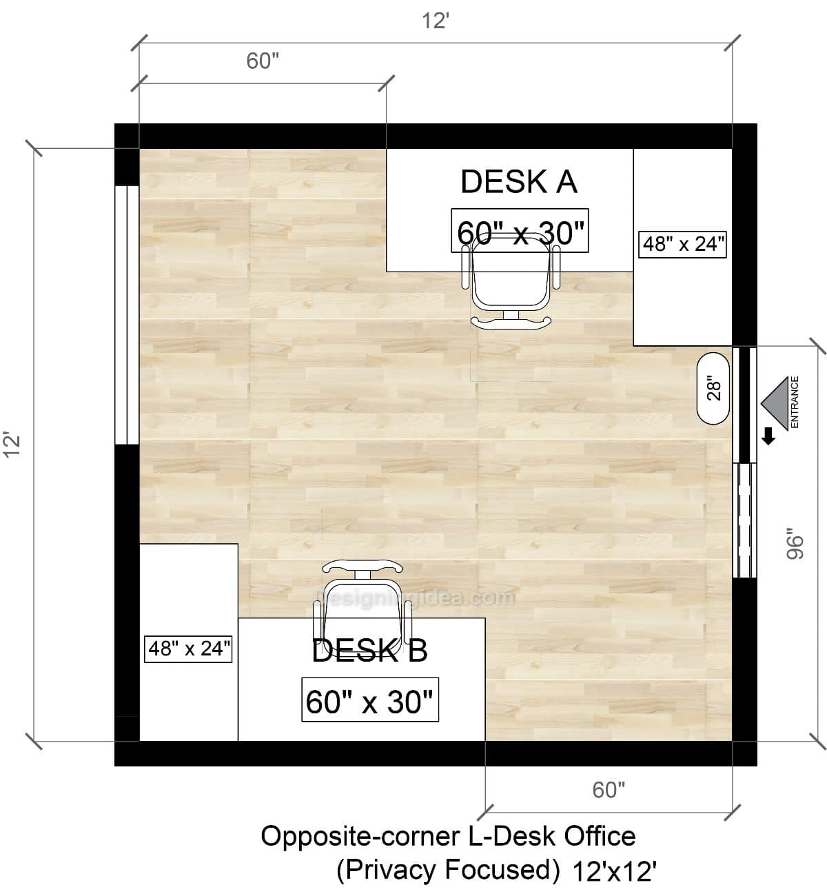 12ft by 12ft Opposite Corner L-Desk Office With Privacy Focus Layout