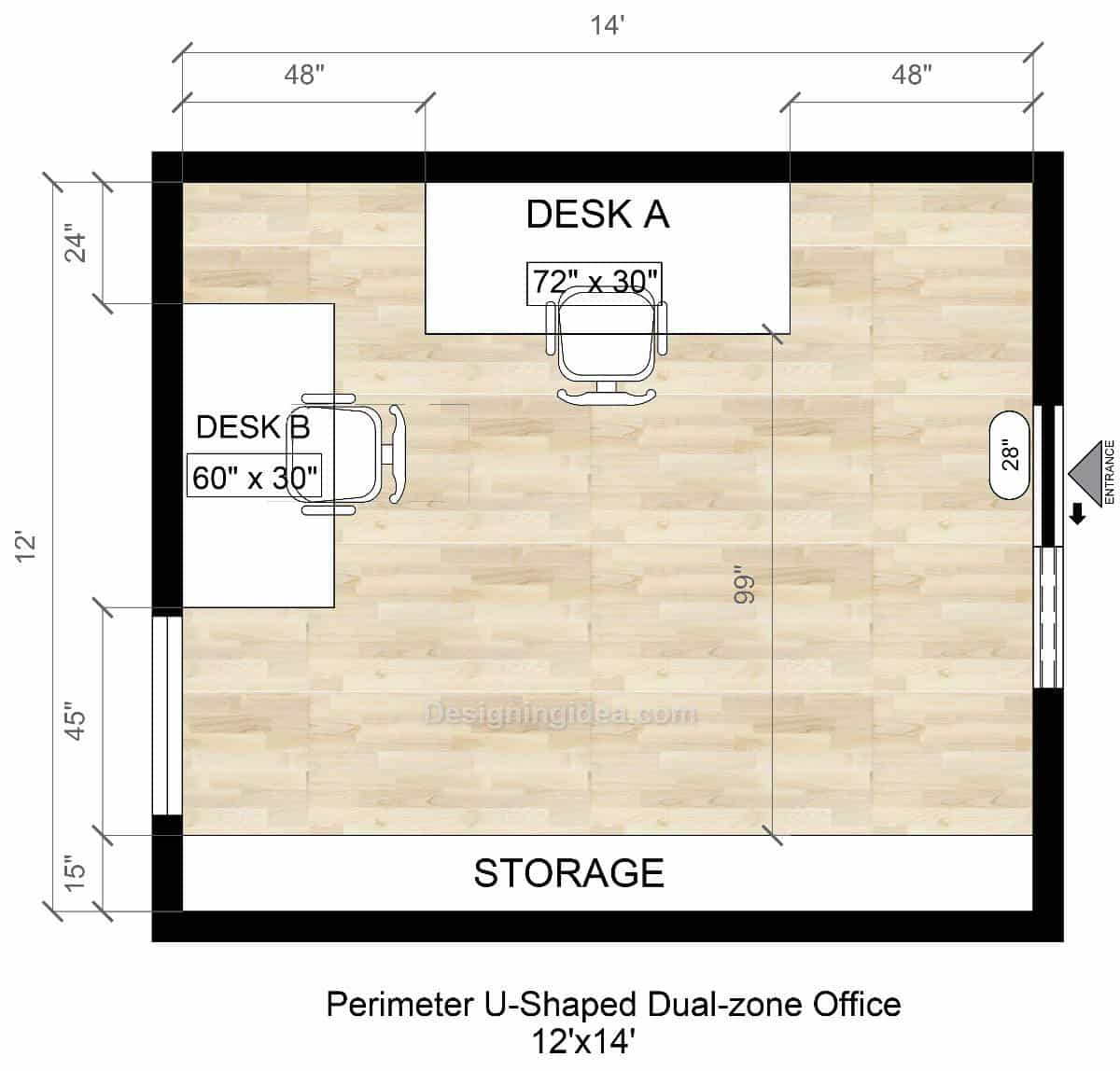 12ft by 14ft Perimeter U-Shaped Dual-Zone Office Design