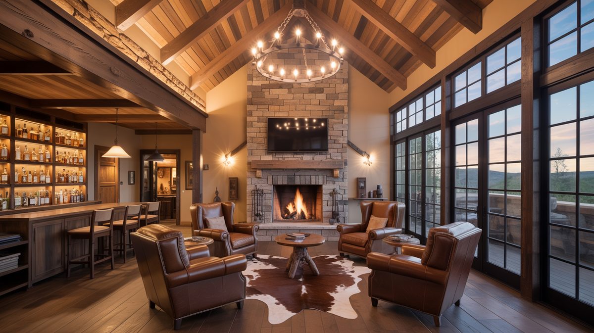Rustic lodge living room with home bar and stone fireplace
