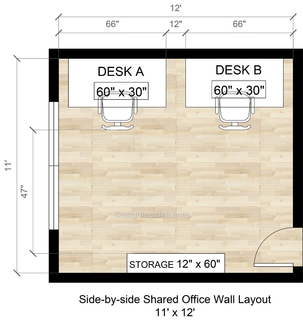 11ft by 12ft Side-by-Side Shared Office Wall Layout