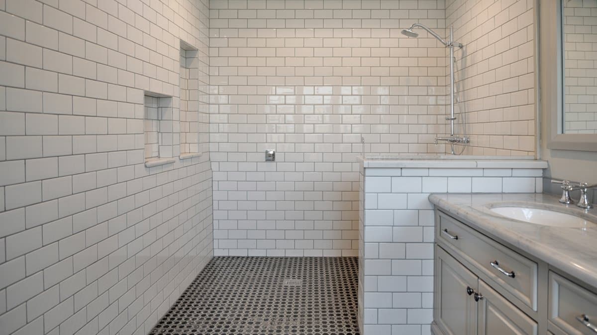 Walk-in shower with white subway tile walls and black penny tile floor