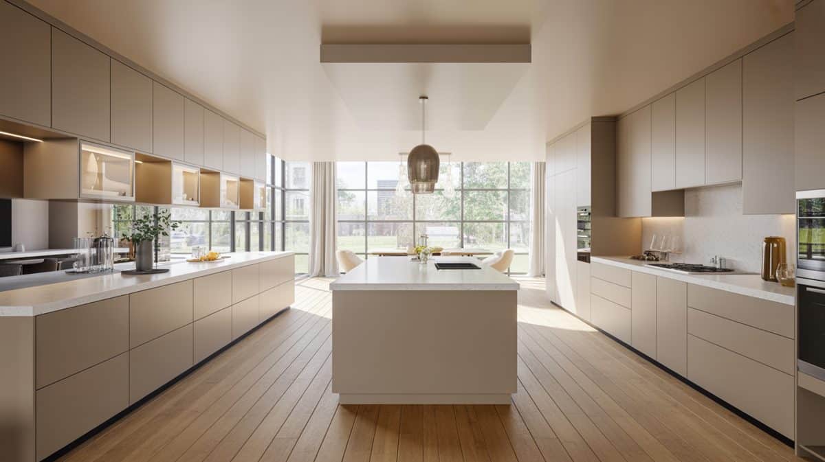Spacious open concept kitchen with handleless cabinets and white quartz island