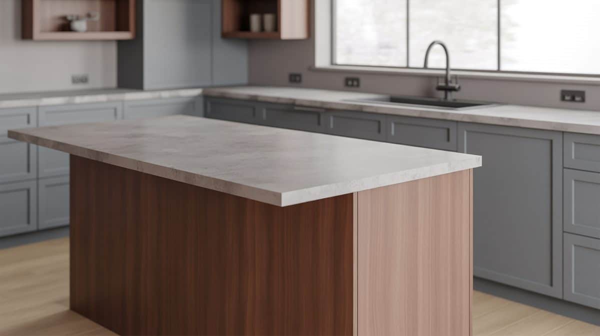 Gray shaker cabinets surround a warm wood island with light quartz top