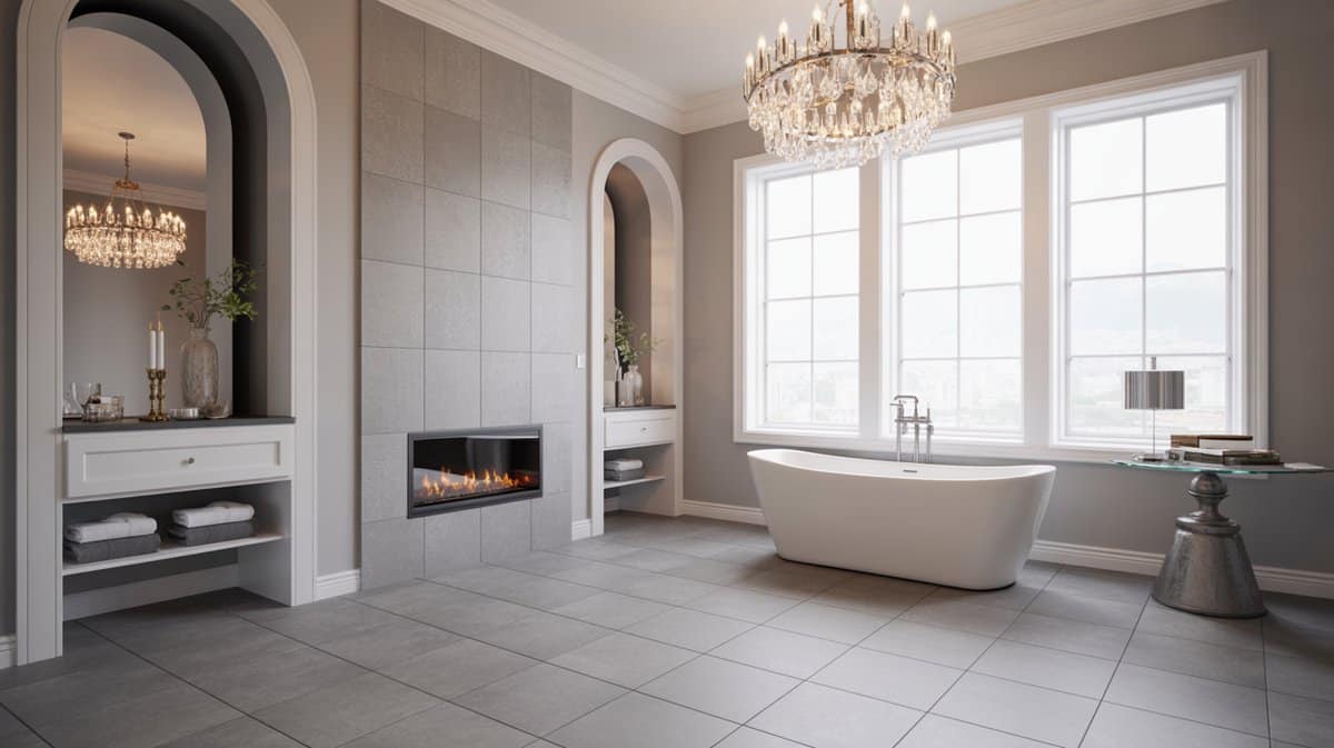 Luxury bathroom with grey porcelain tile floors fireplace and crystal chandelier