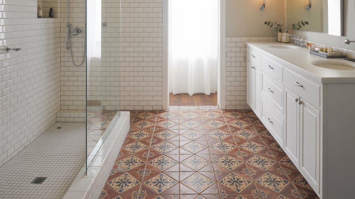 Bathroom with Spanish encaustic ceramic tile floor and white subway tile shower