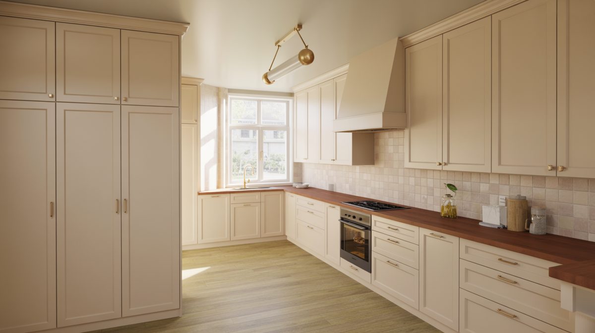 Cream cabinets paired with warm brown countertops and soft beige backsplash