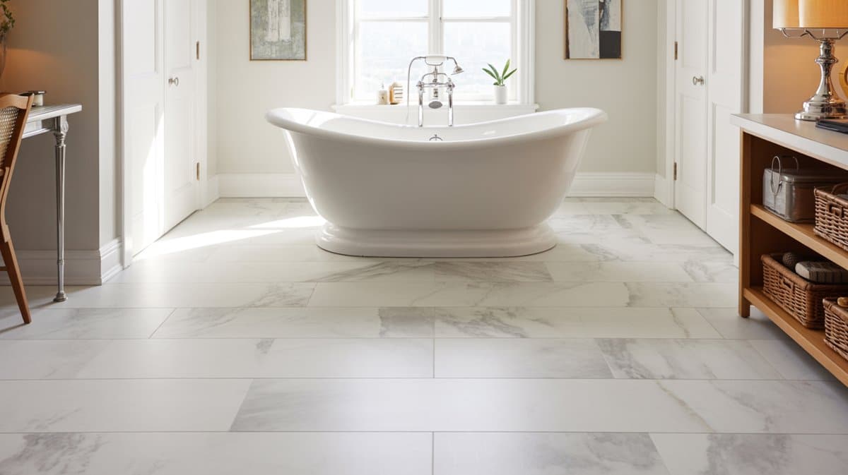 Bathroom with large format marble look vinyl tile floor and white soaking tub