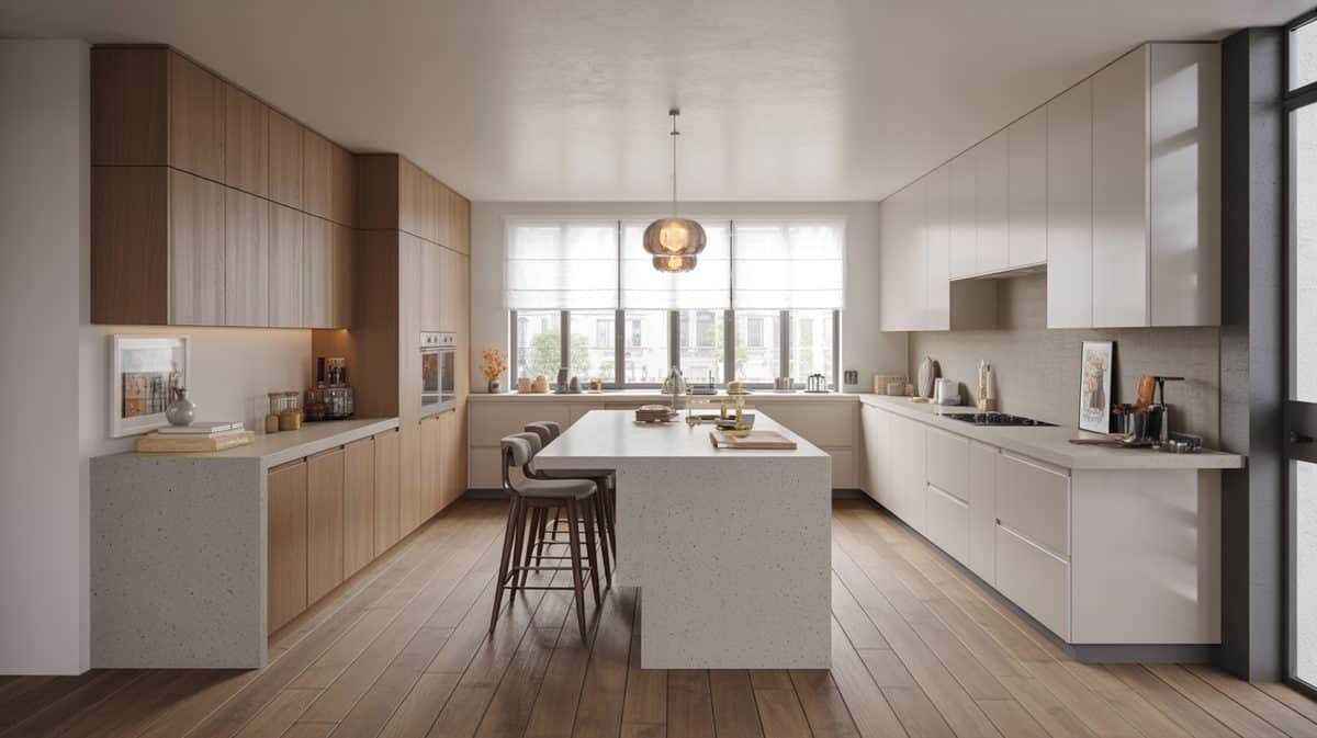 Transitional kitchen with light gray quartz island and natural wood flooring