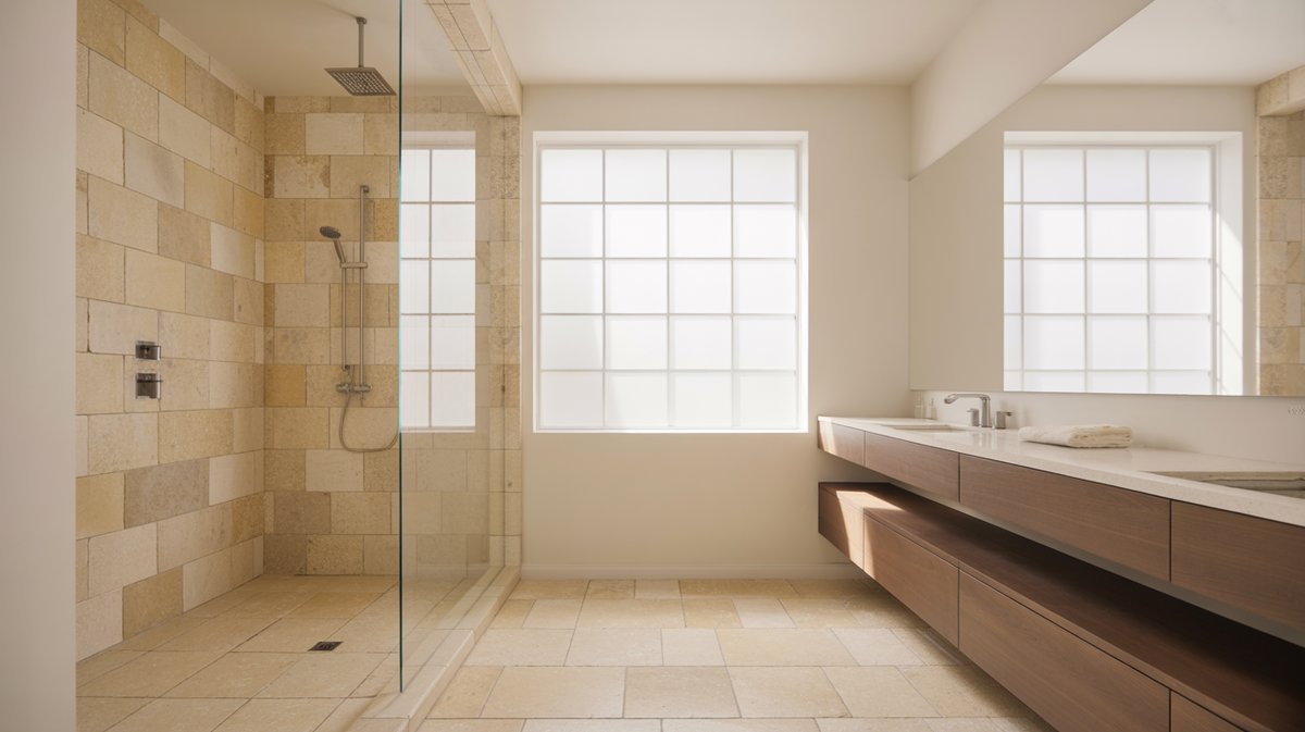 Bathroom with warm limestone tile shower walls and dark wood floating vanity