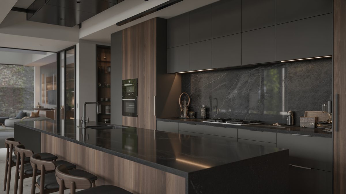 Dramatic black quartz countertops anchor a moody dark wood kitchen island