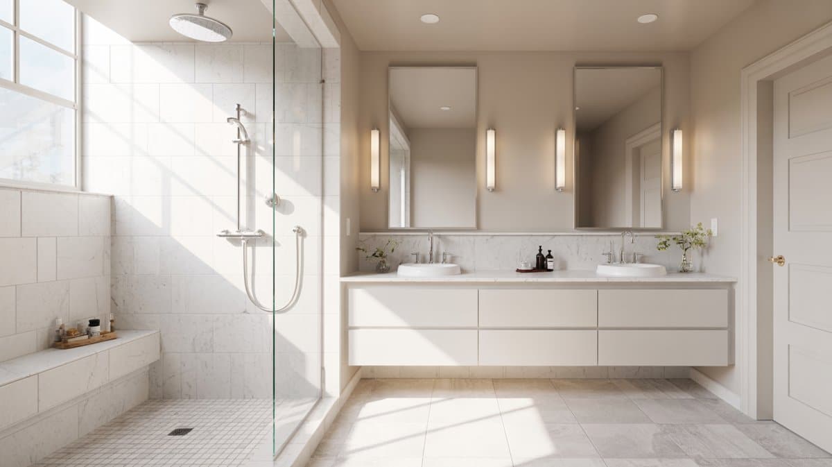 Master bathroom with white marble tile shower and floating dual sink vanity