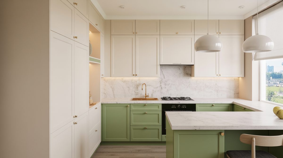 Sage green base cabinets with cream uppers and brass kitchen faucet