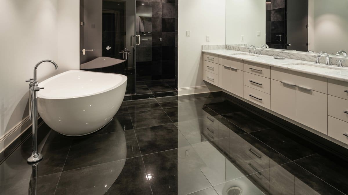 Master bathroom with polished black granite tile floors and white freestanding tub