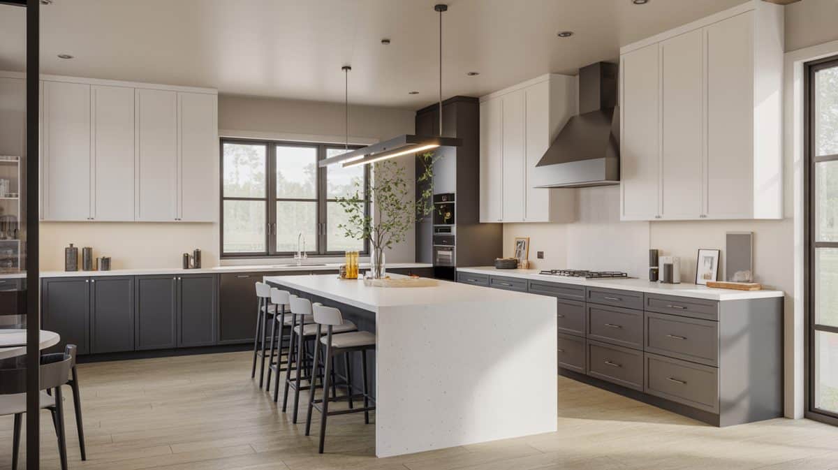 Two tone cabinets with a white quartz waterfall island and counter seating