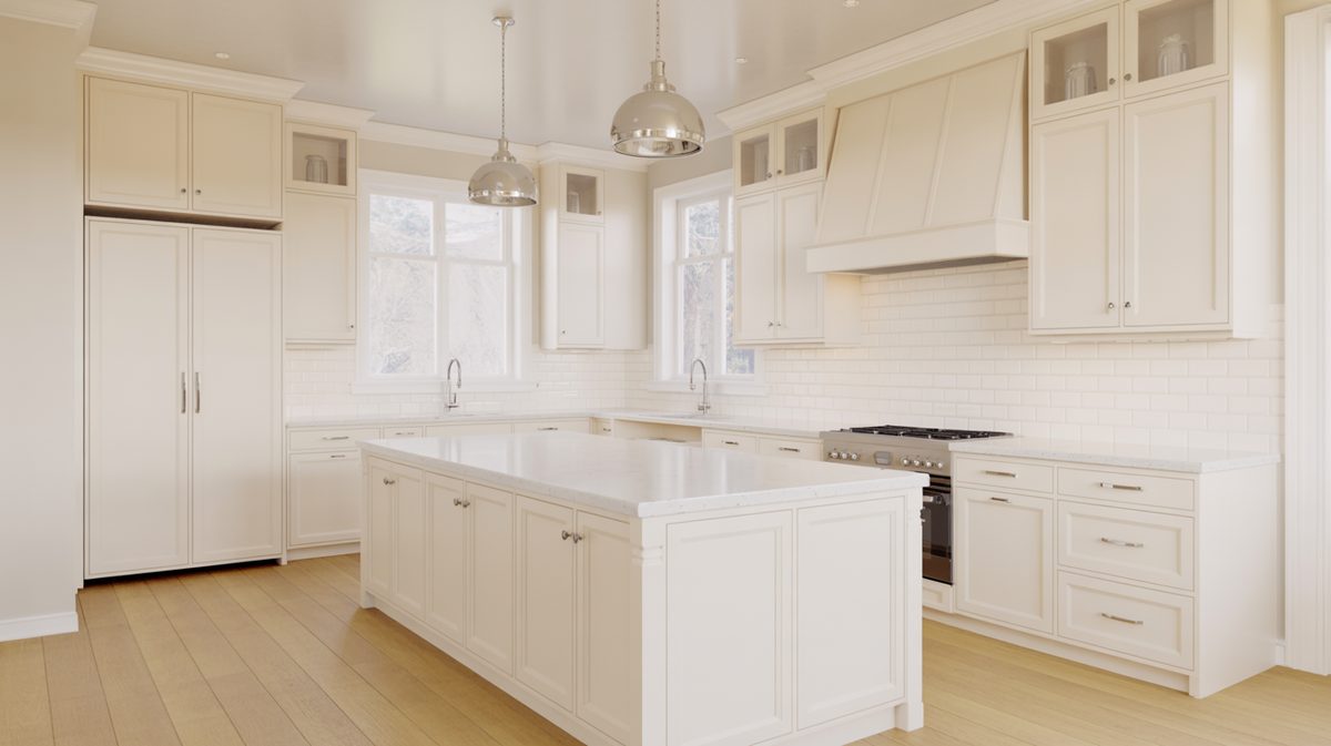 Bright white kitchen with matching cabinets countertops and subway tile backsplash